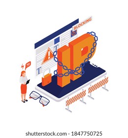 Internet censorship blocking isometric composition with ip blocking text with chains and smartphone icons vector illustration