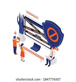 Internet censorship blocking isometric composition with icons of shield with stop sign computer display and people vector illustration