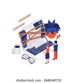 Internet censorship blocking isometric composition with icons of workplace elements with laptop and people vector illustration
