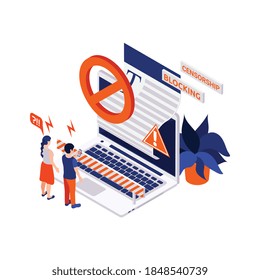 Censura en Internet bloqueando la composición isométrica con íconos de laptop con barreras de cordón paran las señales y la ilustración de personas vectoriales