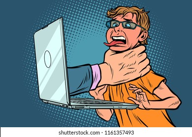 Internet Censorship Concept. Hand Strangles Computer User. Comic Cartoon Pop Art Retro Vector Illustration Drawing