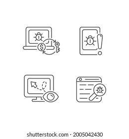 Internet Censorship Linear Icons Set. Ransomware. Cell Phone Bugging. Web Bug. Location Tracking. Customizable Thin Line Contour Symbols. Isolated Vector Outline Illustrations. Editable Stroke