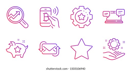 Internet chat, Analytics and Refresh mail line icons set. Bitcoin pay, Loyalty points and Settings gear signs. Star, Employee hand symbols. Online communication, Audit analysis. Vector