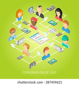 Internet chat concept with isometric online communication symbols and people avatars vector illustration