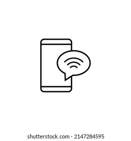 Internet chat and dialogue concept. Modern vector sign in flat style. Suitable for web sites, stores. Line icon of wifi sign inside of speech bubble by smartphone 