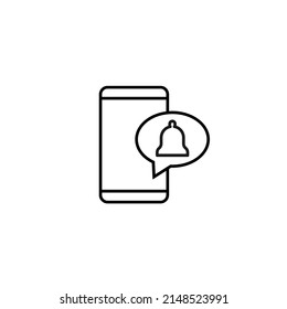 Internet chat and dialogue concept. Modern vector sign in flat style. Suitable for web sites, stores. Line icon of bell inside of speech bubble by smartphone 