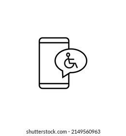 Concepto de chat y diálogo por Internet. Signo vectorial moderno en estilo plano. Adecuado para sitios web, tiendas. Icono de línea de persona en silla de ruedas dentro de la burbuja de voz por smartphone 
