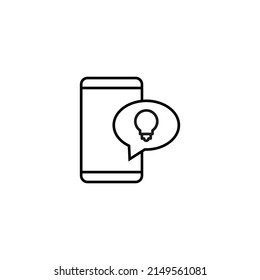 Internet chat and dialogue concept. Modern vector sign in flat style. Suitable for web sites, stores. Line icon of light bulb inside of speech bubble by smartphone 