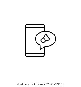 Internet chat and dialogue concept. Modern vector sign in flat style. Suitable for web sites, stores. Line icon of loud speaker inside of speech bubble by smartphone 