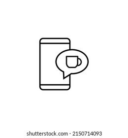 Internet chat and dialogue concept. Modern vector sign in flat style. Suitable for web sites, stores. Line icon of cup inside of speech bubble by smartphone 