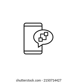 Internet chat and dialogue concept. Modern vector sign in flat style. Suitable for web sites, stores. Line icon of cubes inside of speech bubble by smartphone 