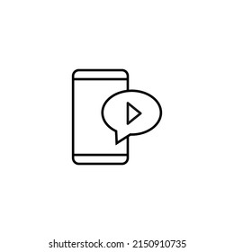 Internet chat and dialogue concept. Modern vector sign in flat style. Suitable for web sites, stores. Line icon of play sign inside of speech bubble by smartphone 