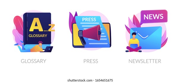 Internet Chatting And Emails Sharing Web Banners Set. Mass Media, Online Daily News Magazine Subscription. Glossary, Press, Newsletter Metaphors. Vector Isolated Concept Metaphor Illustrations