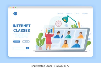 Internet Classes, e-learning or distance learning concept with teacher video conferencing with a group of students on digital device and text, colored vector illustration website landing page template