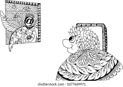 Internet climbs out of the window. Freehand sketch drawing for adult antistress coloring book