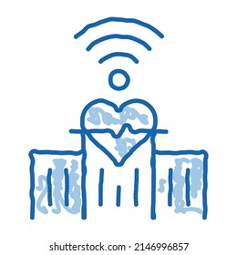 vector de icono de esbozo de la clínica de internet. Señal de la clínica de arte de la línea de doodle azul dibujada a mano. ilustración de símbolo aislado