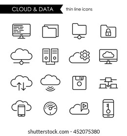 Internet cloud and data storage thin line icon set