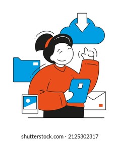 Internet cloud multimedia information storage vector flat illustration. Female tablet user checking online info downloading data picture image, document file, email. Helpful service application