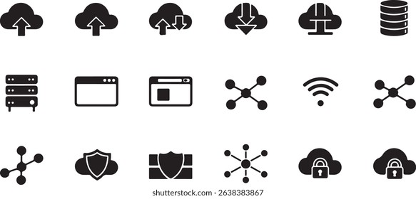 Internet  cloud — cloud, upload, download, server, browser window, link, wifi, network, firewall, cloud lock. icon sheet file black and white
