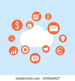 internet cloud with various icons of modern technologies. business, trade, mail, basket, bitcoin, growth chart, search. vector illustration isolated on white background