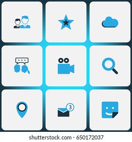 Internet Colorful Icons Set. Collection Of Video Conversation, Friends, Cloud And Other Elements. Also Includes Symbols Such As Camcorder, Cloud Sky, People.