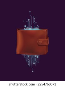 El comercio en Internet lather cartera marrón con tecnologías dentro de un fondo oscuro