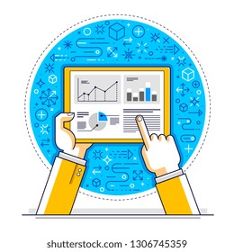 Internet communication and activity, man hands holding tablet and using apps, global network, modern communication, messenger or social media concept, vector design.