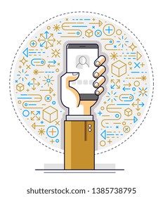 Internet communication and activity, man hands holding phones and using apps, global network, modern communication, messenger or social media concept, vector design.