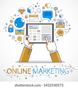 Internet communication and activity, man hands holding tablet and using apps, global network, modern communication, messenger or social media concept, vector design.