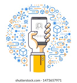 Internet communication and activity, man hands holding phones and using apps, global network, modern communication, messenger or social media concept, vector design.