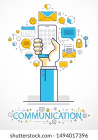 Internet communication and activity, man hands holding phones and using apps, global network, modern communication, messenger, online payments and shopping, vector design.