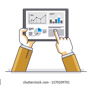 Internet communication and activity, man hands holding tablet and using apps, global network, modern communication, messenger or social media concept, vector design.