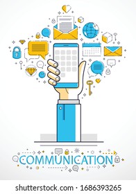 Internet communication and activity, man hands holding phones and using apps, global network, modern communication, messenger, online payments and shopping, vector design.