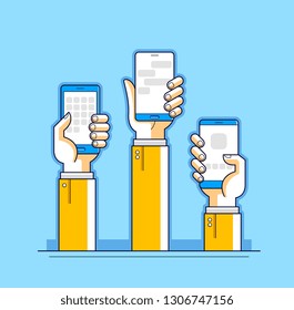 Internet communication and activity, people hands holding phones and using apps, global network, modern communication, messenger or social media concept, vector design.