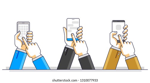 Internet communication and activity, people hands holding phones and using apps, global network, modern communication, messenger or social media concept, vector design.
