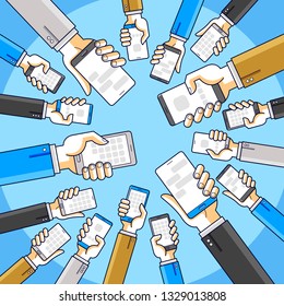 Internet communication and activity, people hands holding phones and using apps, global network, modern communication, messenger or social media concept, vector design.