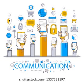 Internet communication and activity, people hands holding phones and using apps, global network, modern communication, messenger or social media concept, vector design.