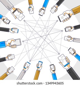 Internet communication and activity, people hands holding phones and using apps, global network, modern communication, messenger or social media concept, vector design.