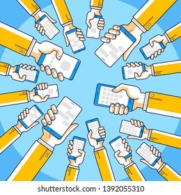 Internet communication and activity, people hands holding phones and using apps, global network, modern communication, messenger or social media concept, vector design.