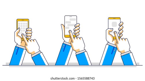Internet communication and activity, people hands holding phones and using apps, global network, modern communication, messenger or social media concept, vector design.