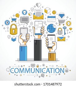 Comunicación y actividad en Internet, personas con teléfonos y usando aplicaciones, red global, comunicación moderna, mensajería o concepto de medios sociales, diseño vectorial.