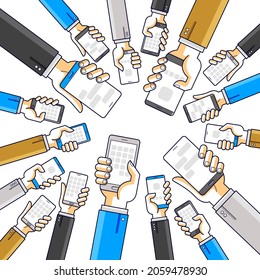Internet communication and activity, people hands holding phones and using apps, global network, modern communication, messenger or social media concept, vector design.