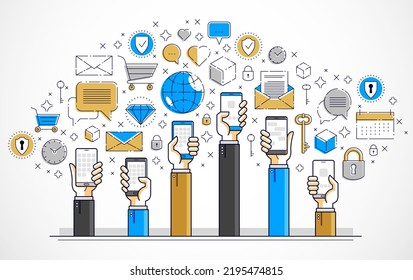 Internetkommunikation und -aktivität, Menschen, die Handys halten und Apps verwenden, globales Netzwerk, moderne Kommunikation, Messaging- oder Social-Media-Konzept, Vektordesign.