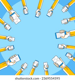 Internet communication and activity, people hands holding phones and using apps, global network, modern communication, messenger or social media concept, vector design.