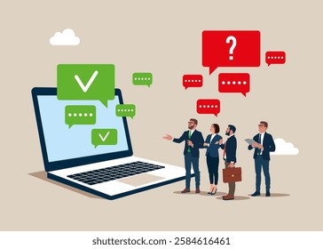 Internet communication, chat bot, survey. Online discussion, conversation, meeting, team communication, colleague chatting, opinion. Flat vector illustration. 