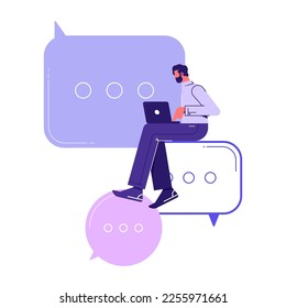 Internet communication and chatting concept, man sitting on speech bubbles greeting each other online from laptop