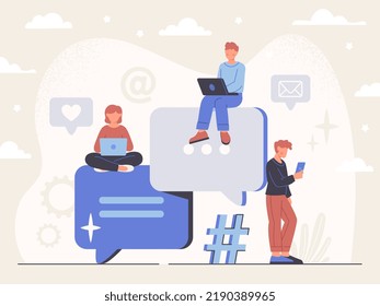 El concepto de comunicación y conversación por Internet. Hombres y mujeres con laptops y smartphones envían mensajes a sus amigos. Caracteres con burbujas de voz que tienen conversación. Dibujo vectorial plano de dibujos animados