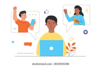 Concepto de comunicación por Internet. El hombre se comunica con un amigo y novia en las redes sociales. Notificación de un nuevo mensaje. Dibujo vectorial plano de dibujos animados aislado en un fondo blanco