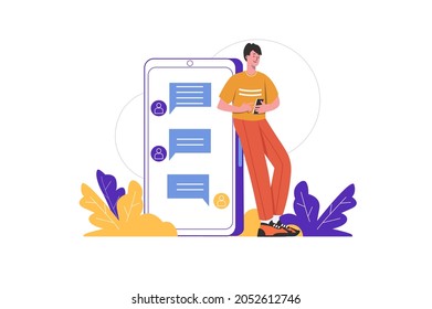 Internet communication concept. Man sends messages and chats in messenger with friends in mobile application. Social media users chat people scene isolated. Vector illustration in flat minimal design