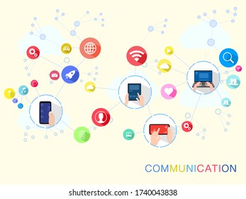 Internet or communication concept, online social network in a light yellow background